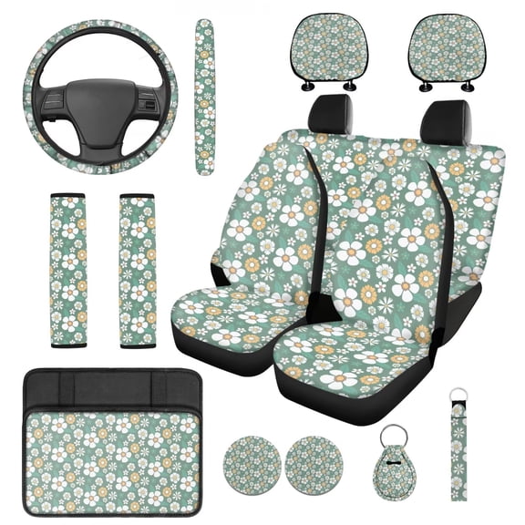 HUIACONG Floral Car Seat Covers for Women Flowers Car Accessories Seat Covers Full Set with Steering Wheel Cover Armrest Cover Seat Belt Pads Headrest Cover Coasters Keychain Universal Fit 14 Pcs