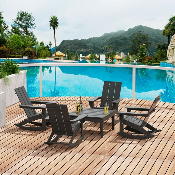 WestinTrends Ashore 5 Piece Patio Rocking Chair Set, All Weather Poly Lumber Adirondack Rocker Conversation Set Porch Patio Chairs Set of 4 with Low Coffee Table, Gray