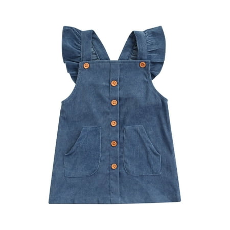 

IZhansean Lovely Infant Baby Girls Suspenders Dress Corduroy Solid Color Ruffles Sleeve Single Breasted A-Line Dress Blue 6-12 Months