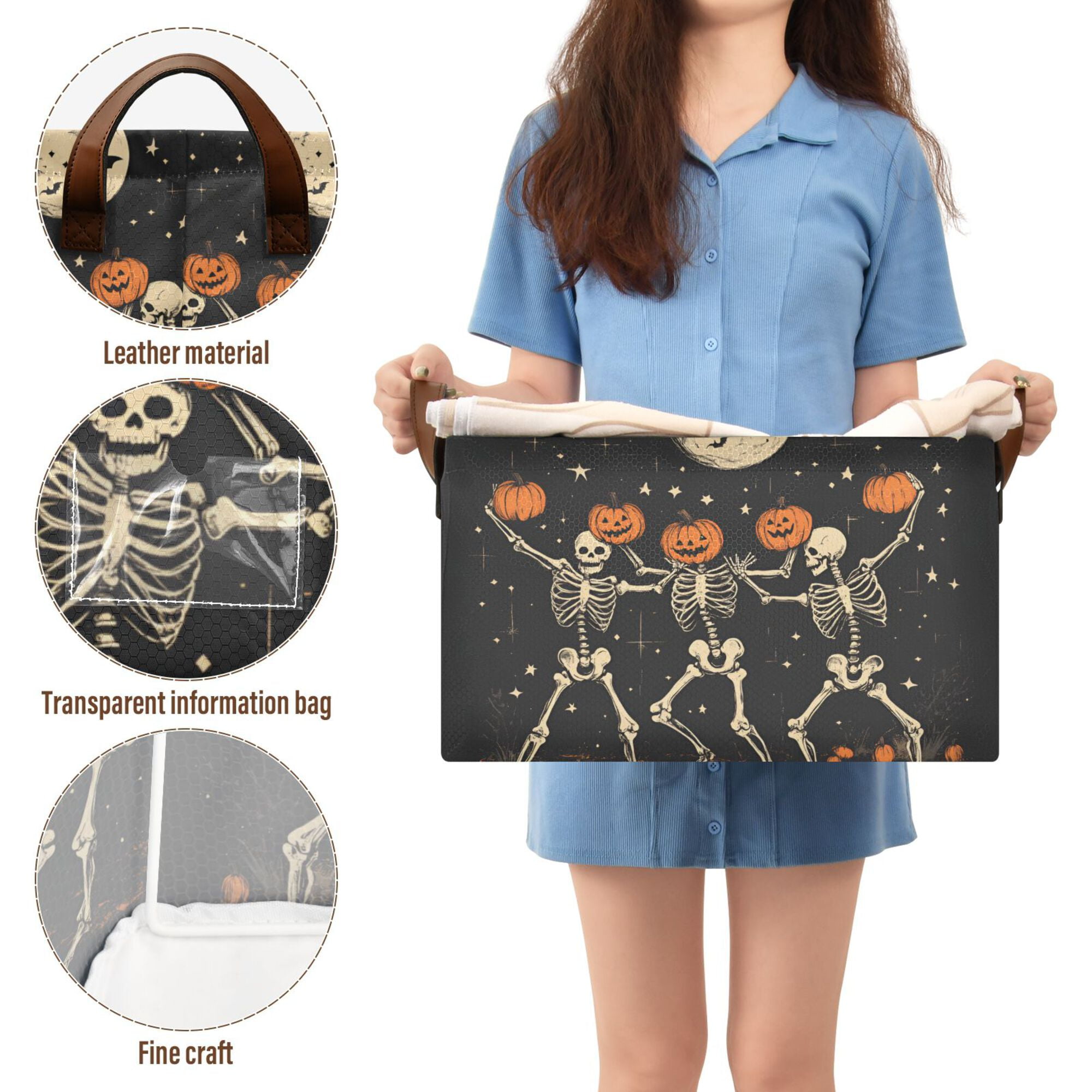 Yayeee Foldable Storage Basket for Shelves with Handles Set of 2 Waterproof Cloth Bins, Black Halloween Dancing Skeleton