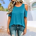 thumbnail image 2 of Wang6 Plus Size Cold Shoulders T Shirts for Women Summer Loose Fit Short Sleeve Tops Causal Crew Neck Solid Tees 0629LiLight Blue XXXL, 2 of 5