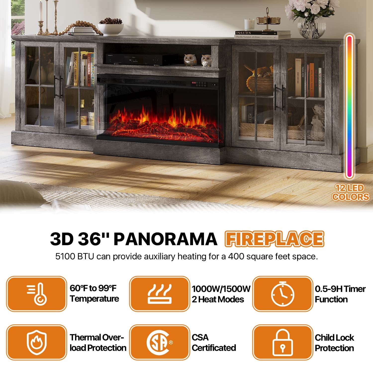 BaPiPro 98" Farmhouse TV Stand with 36" Electric Fireplace, Large Media Entertainment Center for TVs up to 100", Fireplace TV Stand with Storage Cabinets for Living Room, Gray