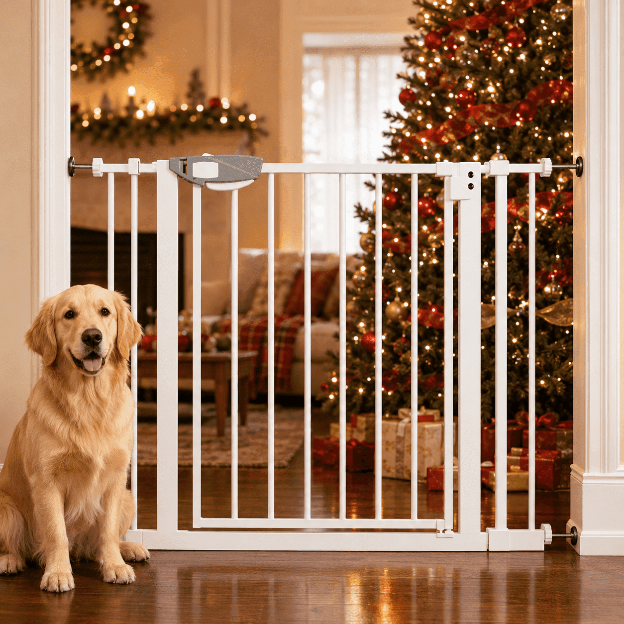 LAIJAUR Safety 31" Extra Tall Baby Gate for Doorways & Bottom of Stairs, Pressure Mounted Walk Through Gate for Baby & Dogs & Pets Easy Install White