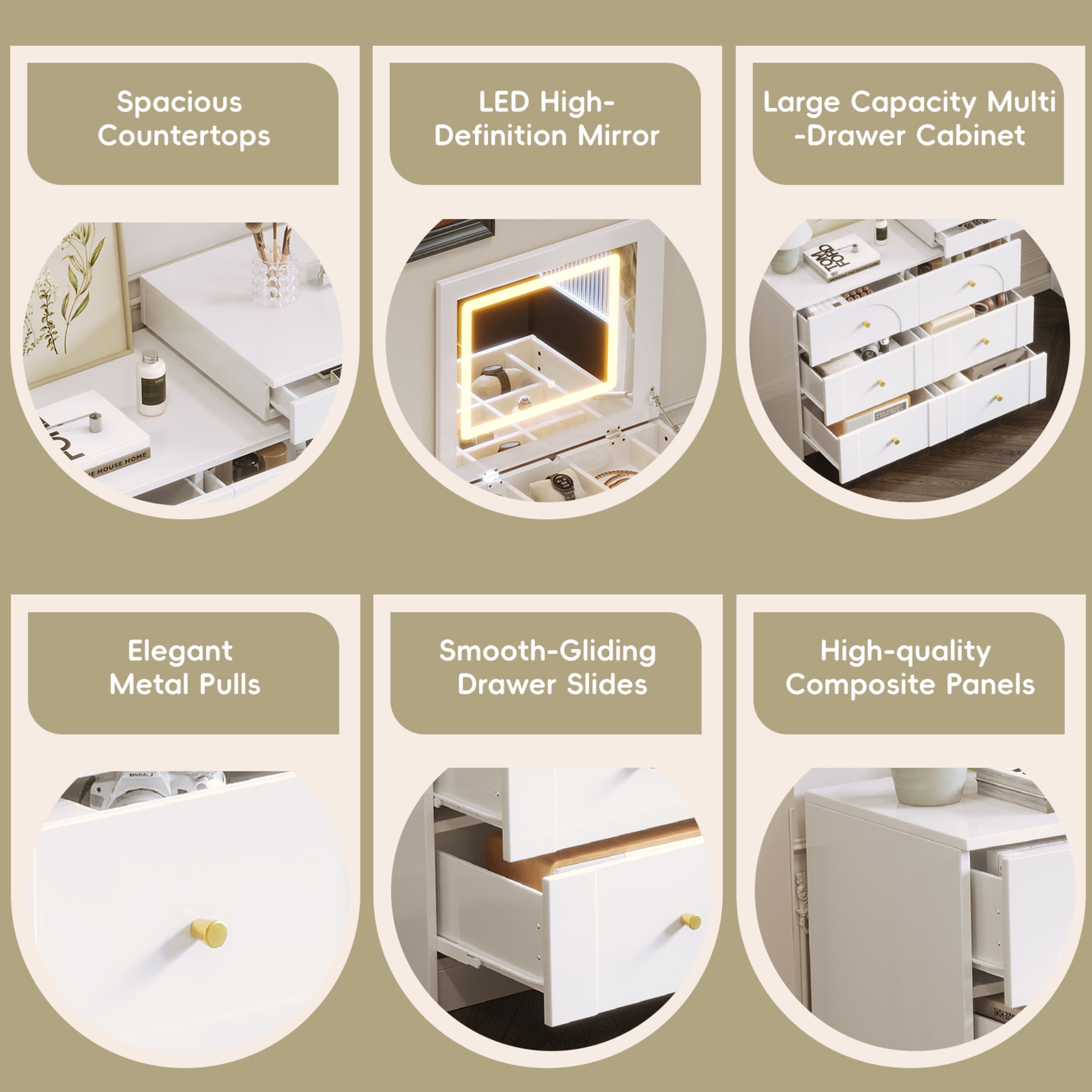 Noble House Vanity Desk with Mirror and Lights, Flip-Top Makeup Table with 7 Drawers, 9 Compartments,White