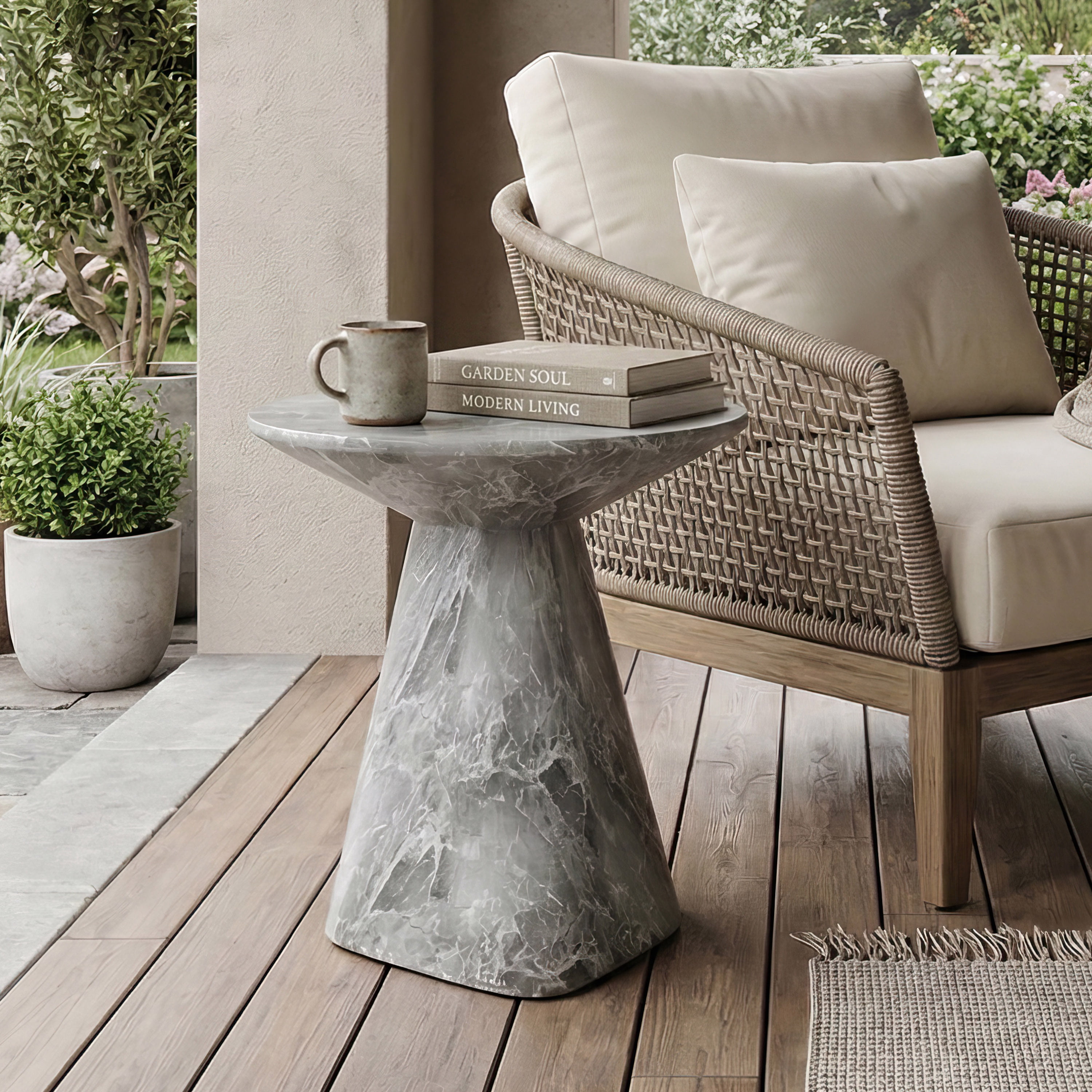 Furniture of America Isla Modern Stone Indoor & Covered Patio Round Sculptural Pedestal End Table, Gray Marble