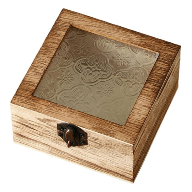 Caja de almacenamiento de madera organizadora de regalos resistente con tapa de vidrio caja de regalo decorativa para Cuadrado marrón claro