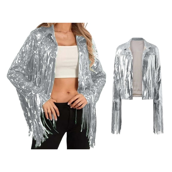 Womens Silver Fringe Jacket Long Sleeve Tassel Jacket Sequin Jacket