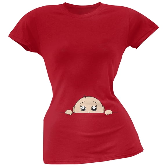 Peeking Baby Boy Red Soft Juniors T-Shirt - Medium