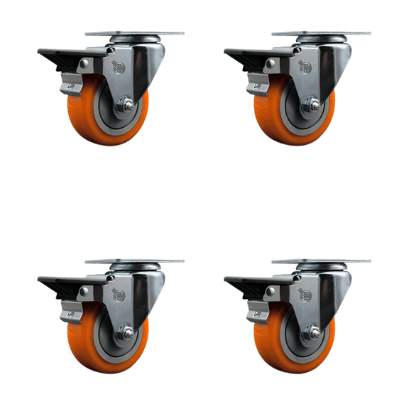 3.5 Inch Orange Poly Wheel Swivel Top Plate Caster Set Posi Brake Service Caster