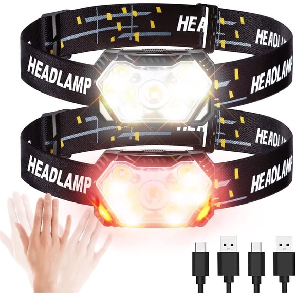 GOANDO Headlamp Rechargeable 2500 Lumen LED Head Lights for Forehead 2 Pack Bright Head Lamp with Red Light Sensor Mode Waterproof Flashlights Running Lights for Running Cycling Working Camping