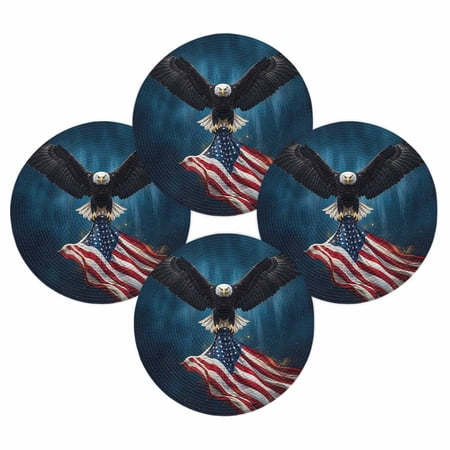 4th of July Round Placemats Set of 4 Eagle Clutching American Flag Place Mats Independence Day Woven Placemat Blue Sky Circle Braided Table Mat for Kitchen Dining Table Party Home Decor 15 Inch