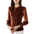 thumbnail image 2 of Women's Long Sleeve Velvet Shirts Soft Crew Neck Dressy Casual Blouses with Ruffled Detailing Solid Color Tops (L, Coffee), 2 of 7