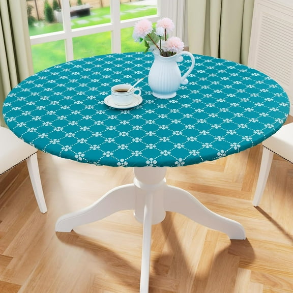 Round Fitted Tablecloth with Elastic Edge, 100% Waterproof Oil Proof Plastic Table Cover, Vinyl Flannel Backed Tablecloth Fits 36"-44" Round Tables for Dinner, Outdoor, Picnic, Bluish Green