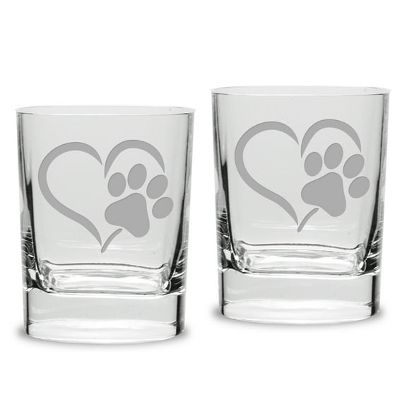 Paw Print Heart Deep Etched Luigi Bormioli 11.75 oz Square Round Double Old Fashion Glass Set of 2