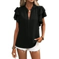 thumbnail image 3 of Gomelly Ladies Tops Plain Solid Color Shirts Loose Blouse Women Elegant Office Tunic Shirt Double Layer Ruffles Short Sleeve Black L, 3 of 5