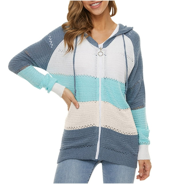 Yuyuzo Womens Sweater Jackets Zip up Hooded Long Sleeve Eyelet Hole Ribble Knit Solid Color Patchwork Cardigans