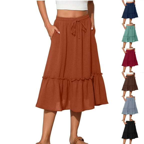 USSUMA Skirts for Women Trendy Summer Midi Skirt Solid Color Pleated Pocket Mid-Calf Skirt Retro Dresses Breathable Skirts Birthday Festival Gift Black Skirt for Women L
