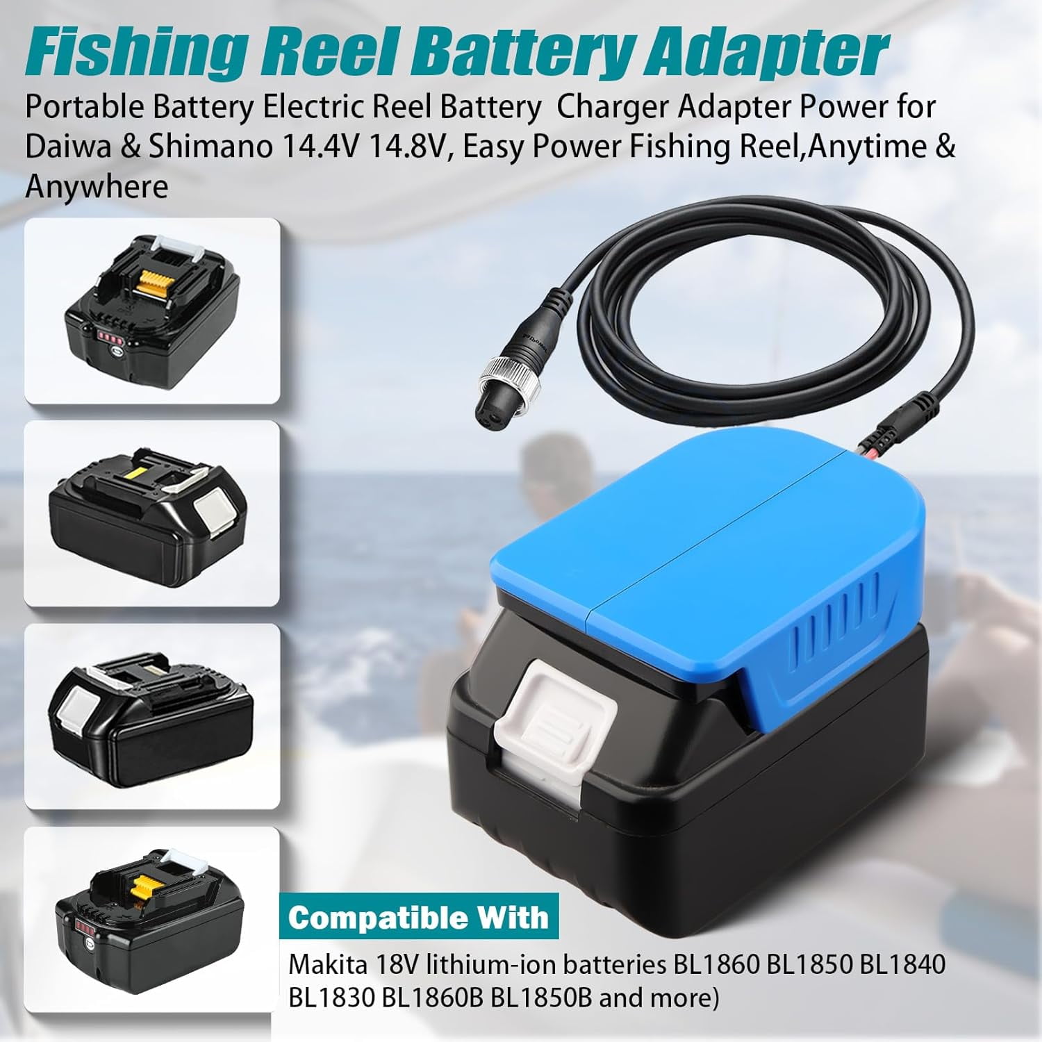 Fishing Reel Battery Adapter Power Cord Cable for Craftsman 20V V20 Dewalt makita Milwaukee M18 18V Battery Compatible with Daiwa 14.4V SEABORG 800MJ,SABORG 1200MJ 1200 800 Electric Fishing