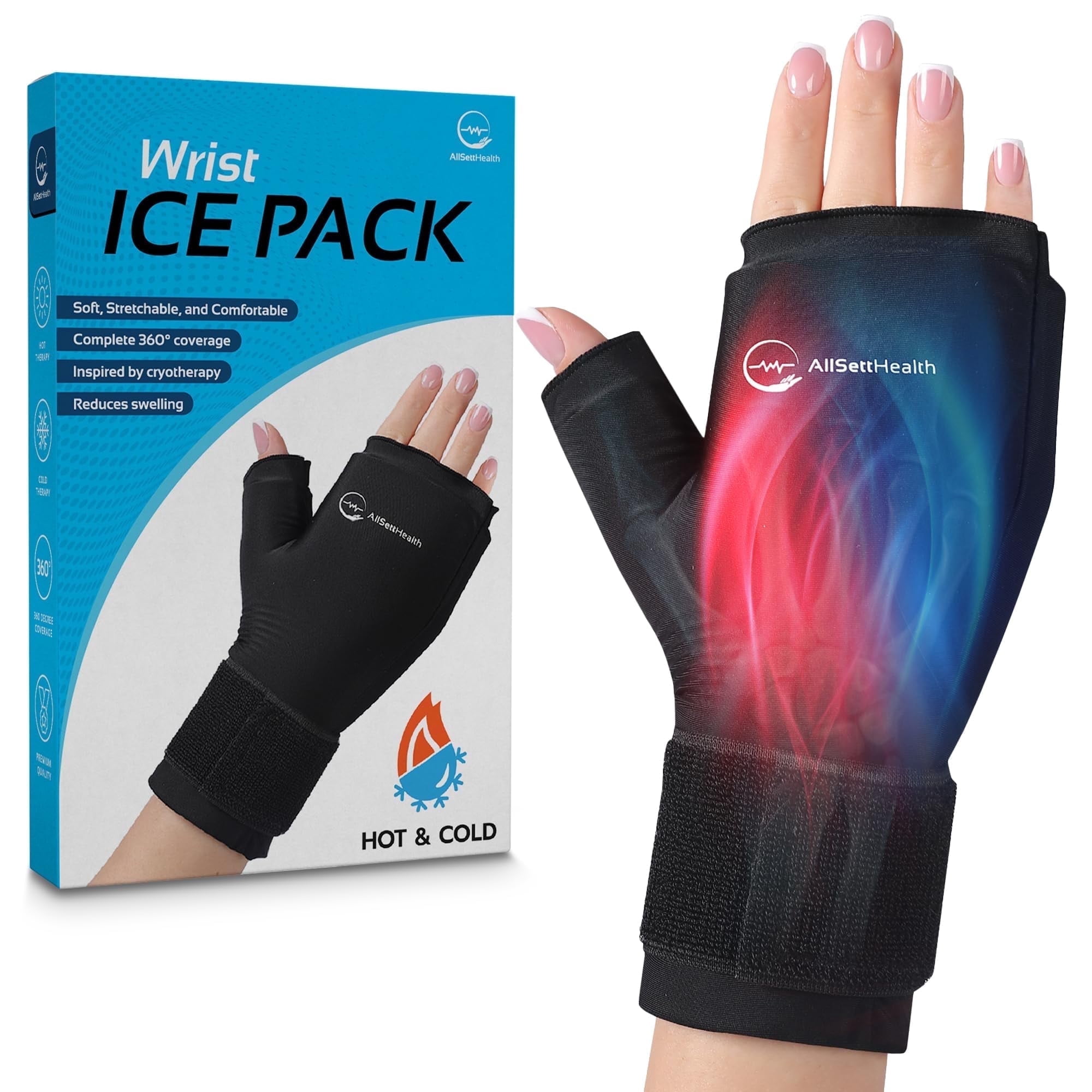AllSett Health Wrist Ice Pack Wrap – Hot & Cold Therapy Glove for Hand & Thumb Pain Relief, Microwavable & Freezer Safe, One Size