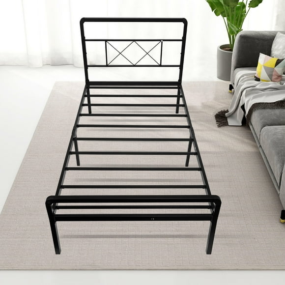 Twin Size Bed Frame with Headboard and Footboard, Heavy-Duty Metal Platform Single Bed Frame with Steel Slats Support and Non-Slip Strips (No Box Spring Needed)