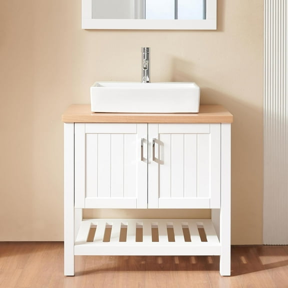 32" Bathroom Vanities Cabinet with Sink Combo,Modern Bathroom Vanities with Open Shelf,Storage Cabinet with 2 Doors and Decor Line,for Bathroom,White Natural