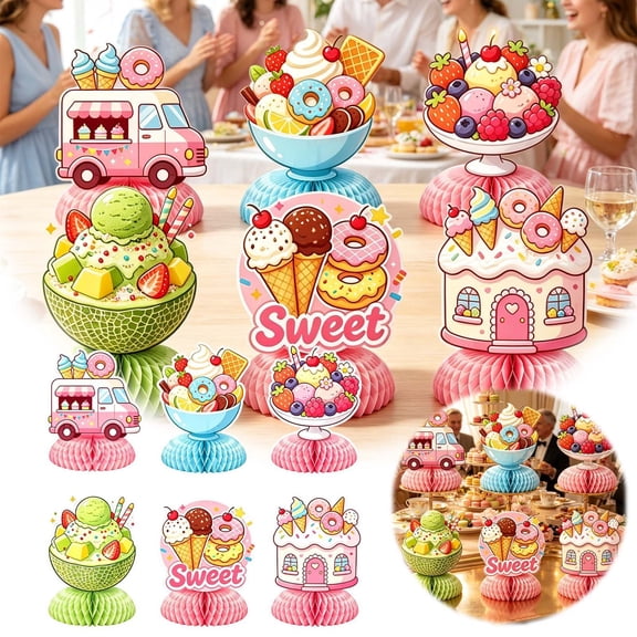 Ice Cream Themed Disposable Tableware Decor Kit Paper Plates Napkins Tablecloth Cake Topper For Birthday Holiday Gathering