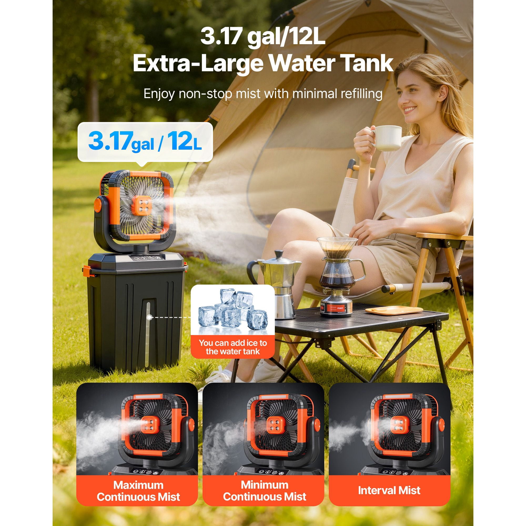 Misting Fan with 3.17 Gal Tank, 2400RPM Motor, 20000mAh Battery, 4 Wind Speeds, 3 Modes, Remote Control, for Outdoor Camping Yard