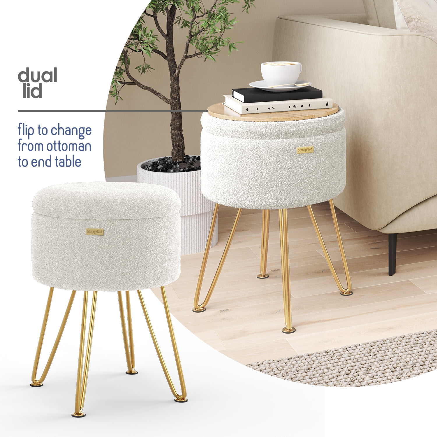 LammaLoe Small Round Ottoman with Storage, Boucle Ottoman Foot Stool with Lid, Upholstered Vanity Stool for Living Room & Bedroom, White