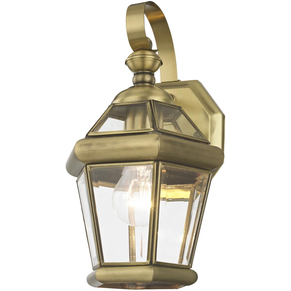 7 inch 1 Light Antique Brass Outdoor Wall Lantern Pendant Lighting Fixture with Clear Glass Panel Shade backed with Hand Crafted Solid Brass material for patio, front porch, entryway and more