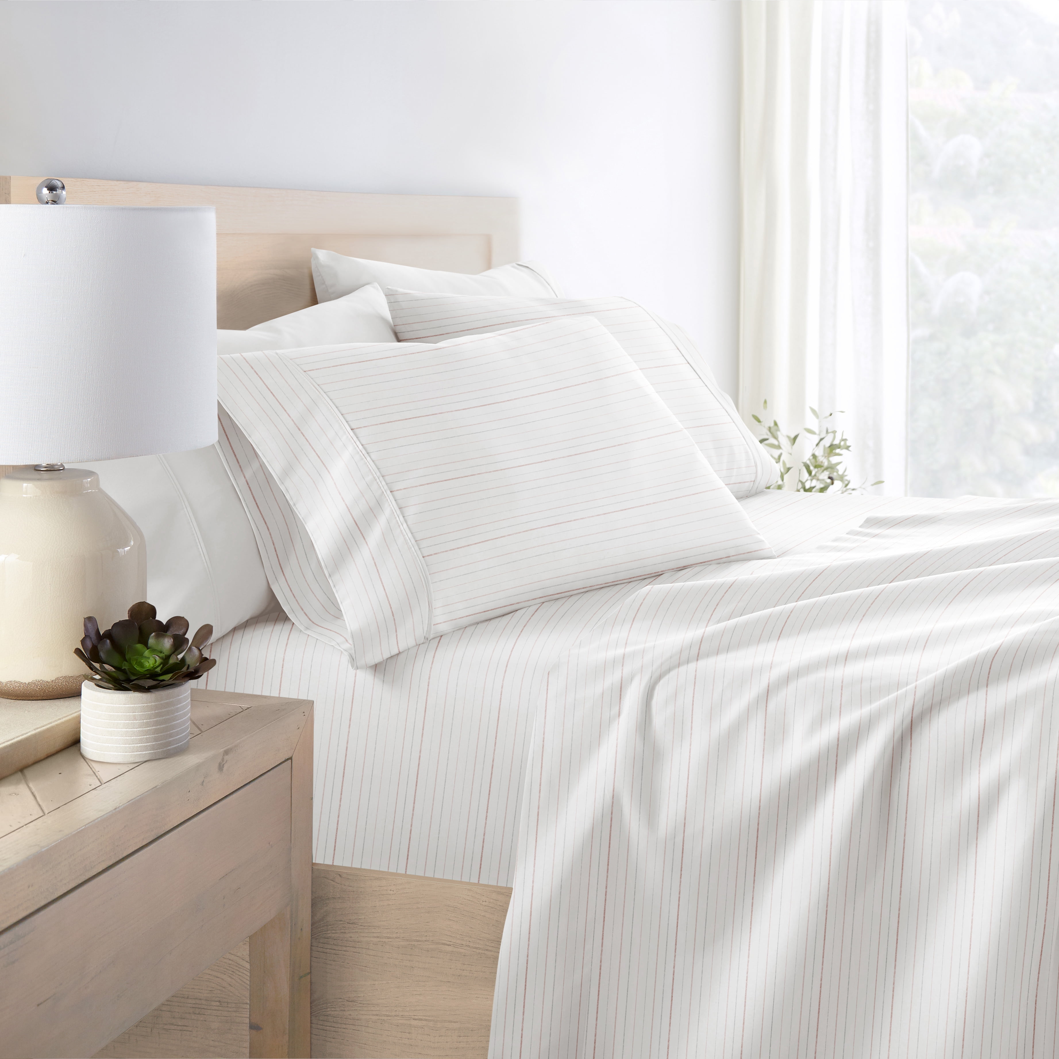 Noble Linens 4 Piece Pattern Microfiber Bed Sheets Set, Soft Stitch Stripe Terracotta, Full