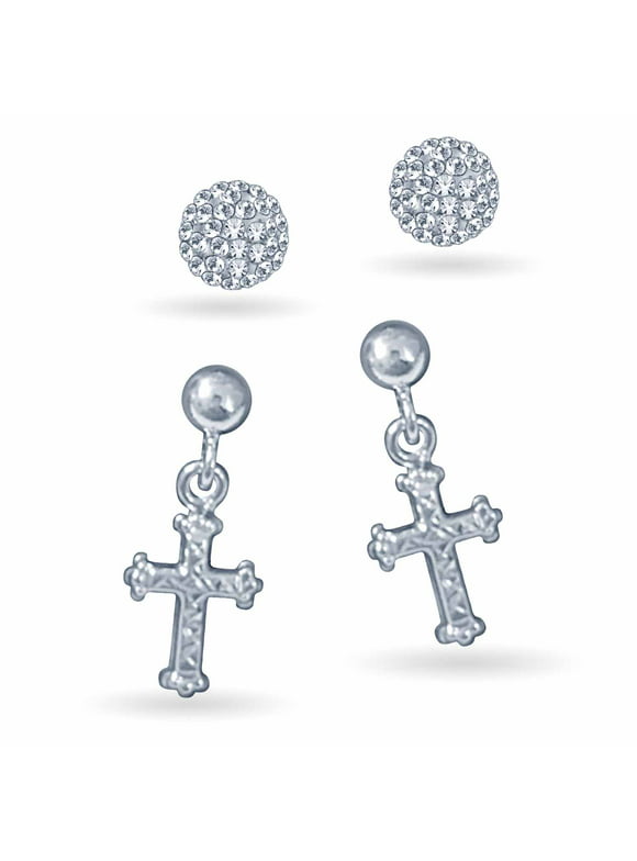 Brilliance Fine Jewelry Women's Rhodium Plated Sterling Silver Crystal Ball and Diamond Cut Cross Earrings