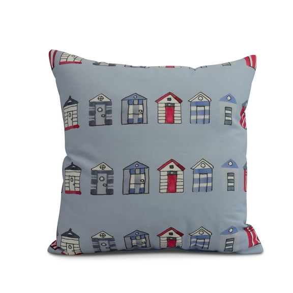 Simply Daisy, 18 x 18 inch, Multi Beach Hut, Stripe Print Pillow, Blue