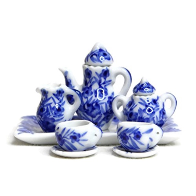 Dollhouse Miniature 14 Piece Ceramic Tea Set in Blue Floral Design