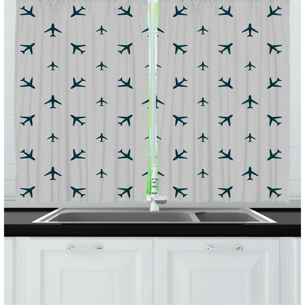 Airplane Curtains 2 Panels Set, Diagonal Stripes with Blue Travel Icons