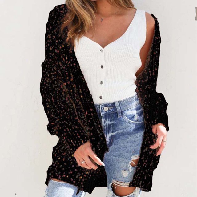 ICHUANYI Clearance Ladies Fashion Color Cardigan Long Sleeve Pocket Sweater Jacket(Black, L) ICHUANYI WER2023081202691