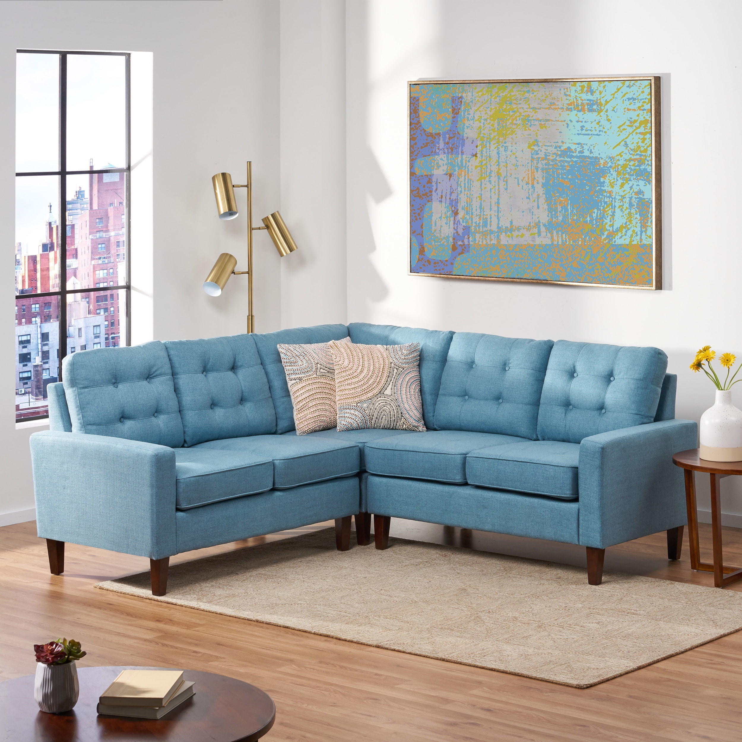 Niya Mid Century Modern 3 Piece Sectional Sofa, Blue