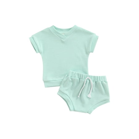 

Douhoow Baby Solid Color V-neck Short Sleeve T-shirt Drawstring Shorts Girls Boys Summer Clothes