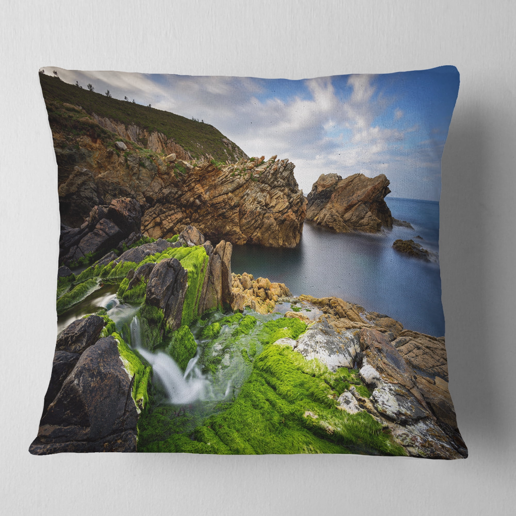 Designart Rocks and Waterfall in Spanish Coast - Seashore Photo Throw Pillow - 16x16