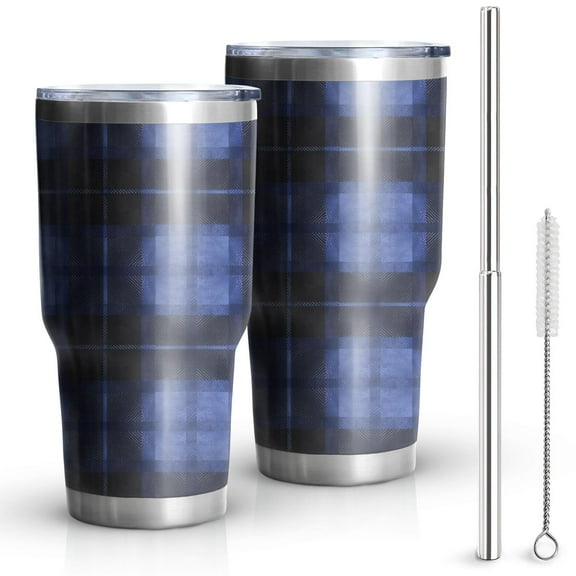 aiwkjdns 30 oz Plaid Cups and Mugs Tumbler with Handle Straw Lid Insulated Stainless Steel Cup (Bule and Black)