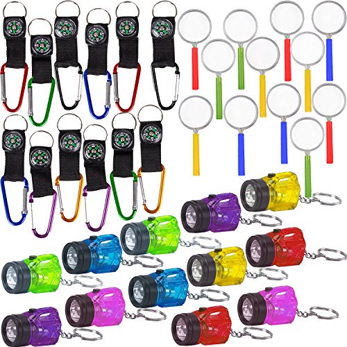 Juego de favores de supervivencia de 36 piezas con 12 linternas, 12 brújulas, 12 lupas. Perfecto para Scouts Explorer Camping Caminatas al aire libre y fiestas temáticas de aventura. HeroFiber 673400619242