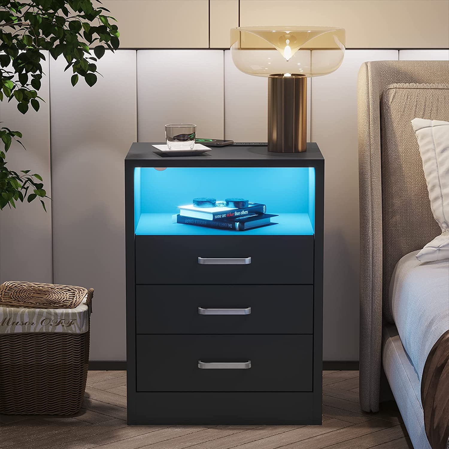 ADORNEVE Nightstand with Wireless Charging Station and LED Lights,Night