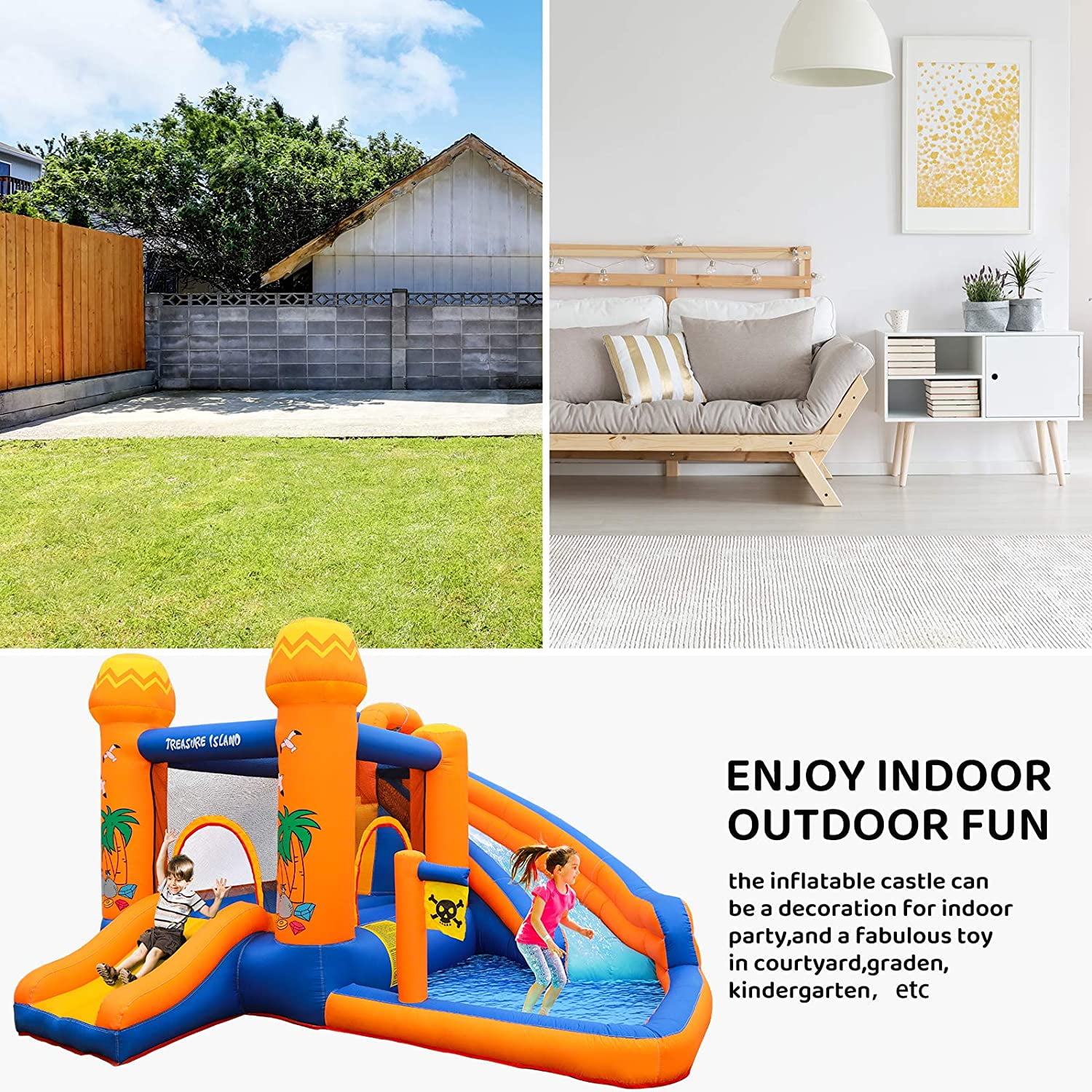 Pirecart Kids Inflatable Bounce House Backyard Water Slide Climbing Wall Splash Pool with Blower