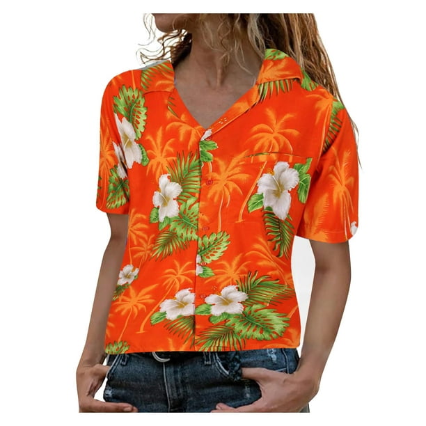 Betiyuaoe Womens Tops Blouse Funky Hawaiian Shirt Frontpocket Leaves  Flowers Palm Print Top Casual Shirts 