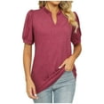 thumbnail image 2 of Homenesgenics Womens Tops under $5 Fashion Women's Casual Solid Color Stand-up V-Neck Short Sleeve Shirts Tops Blouse Red L, 2 of 6