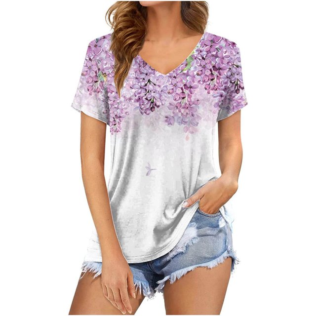 Blusa de manga corta con cuello en V informal para mujer a la moda, camisetas de verano Pompotops hkajfhjk471694