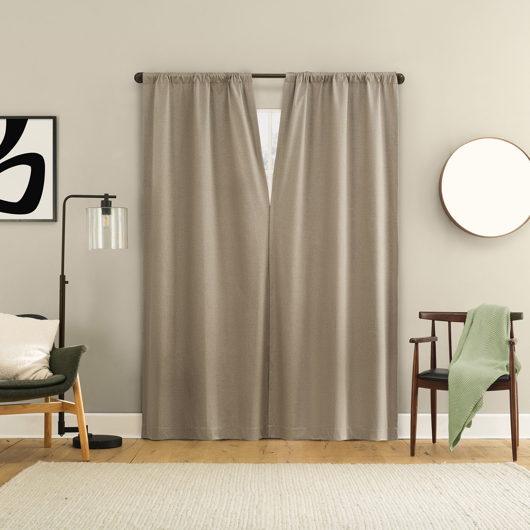 Sun Zero Prescott 2-pack Herringbone Magnetic Closure 100% Blackout Rod Pocket Curtain Panel Pair, 37"W x 84"L, Dark Beige