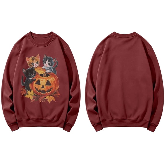 Peichun Halloween Pumpkin Cat Sweatshirts for Women Fall Winter Long Sleeve Crew Neck Loose Pullover Tops Vintage Spooky Season Graphic Loose Comfort Fit Hoodless Sweatshirt 1-Wine S