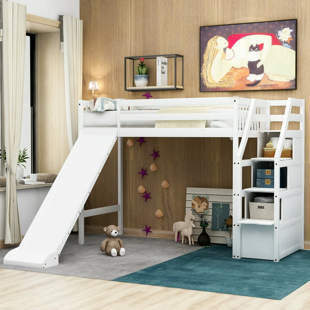 Storage Kids Twin Loft Bed Frame, Building Plans For Loft Bed With Slide
