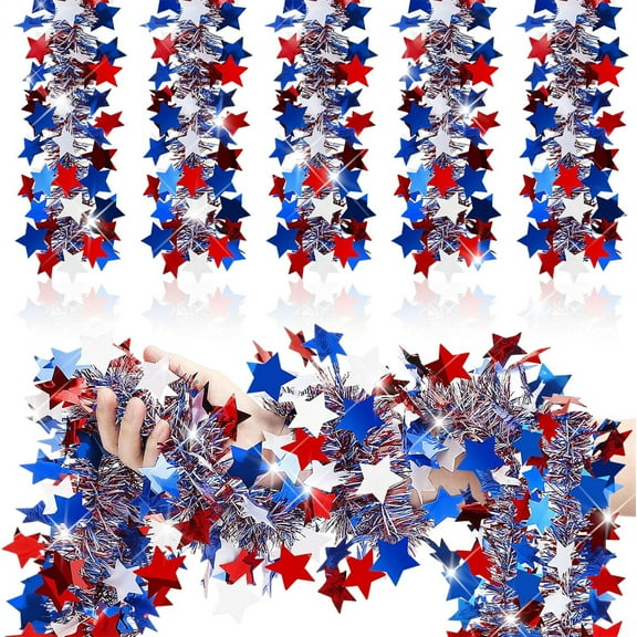 Topboutique Patriotic 4th of July Tinsel Garland 8 Pcs Red White Blue Hanging Garland Independence Day Metallic Twist Foil Tinsel Garland Shiny Hanging Decorations for Staircase Railing,6.56 ft/Pc