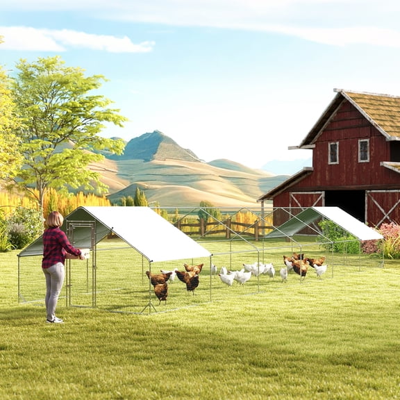 PawHut Large Metal Chicken Coop, Walk-in Poultry Cage Galvanized Hen Playpen House with Cover and Lockable Door for Outdoor, 39' x 10' x 6.4'